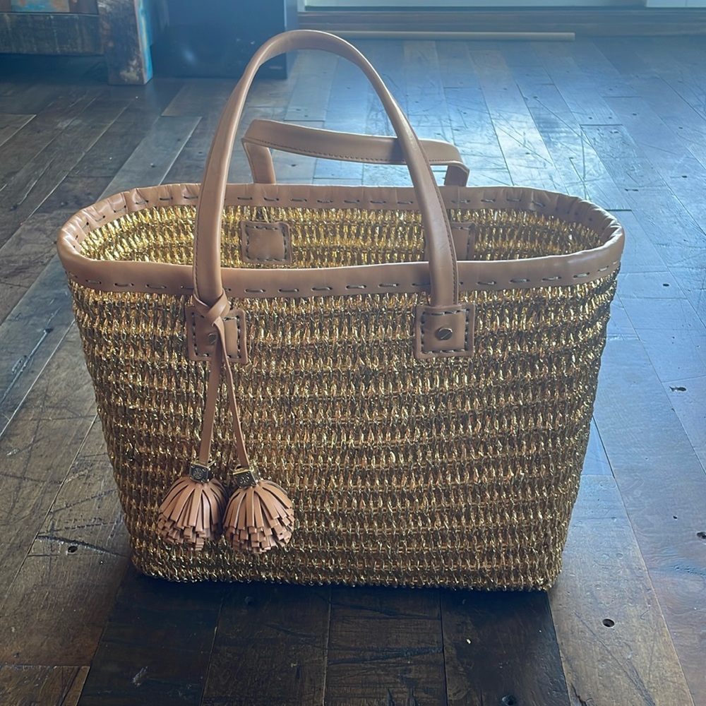 Tory Burch leather raffia gold tote